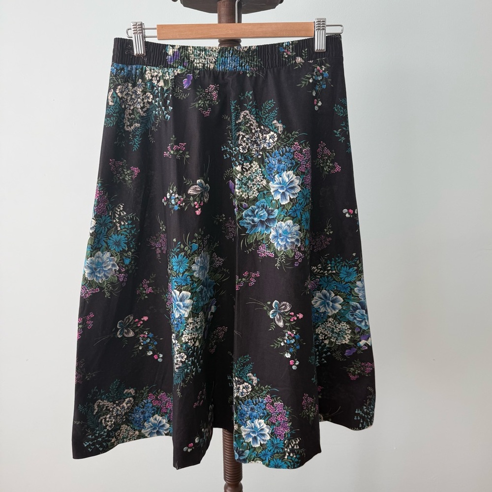✨ Eccobay Vintage Floral Midi Skirt Black Blue Cottagecore 🦋🌿 Sz M